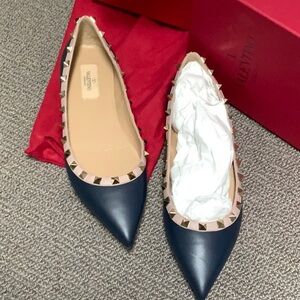 Valentino Rockstud Studded Two Toned Red Beige Leather Pointed Toe Ballet Flats